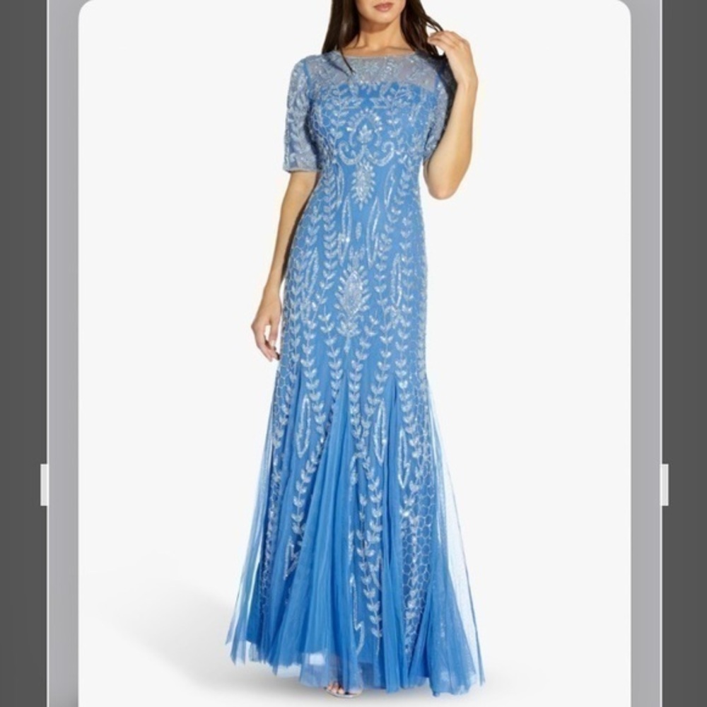Adrianna Papell Short Sleeve Floral Beaded Gown with Godets in Ocean Dream